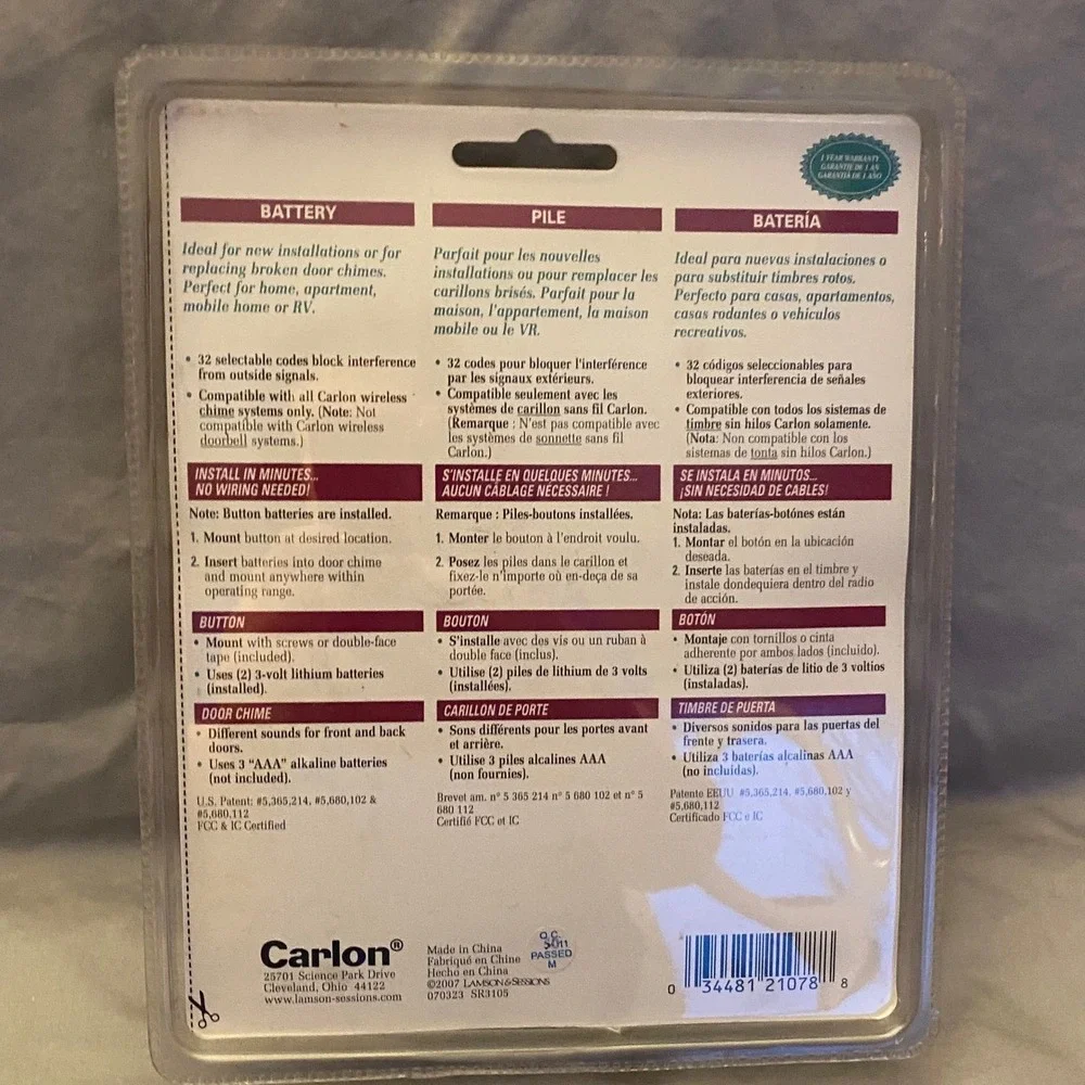 Carlon RC3105 Wireless Battery Chime Doorbell Kit White Up to 75 Foot Range